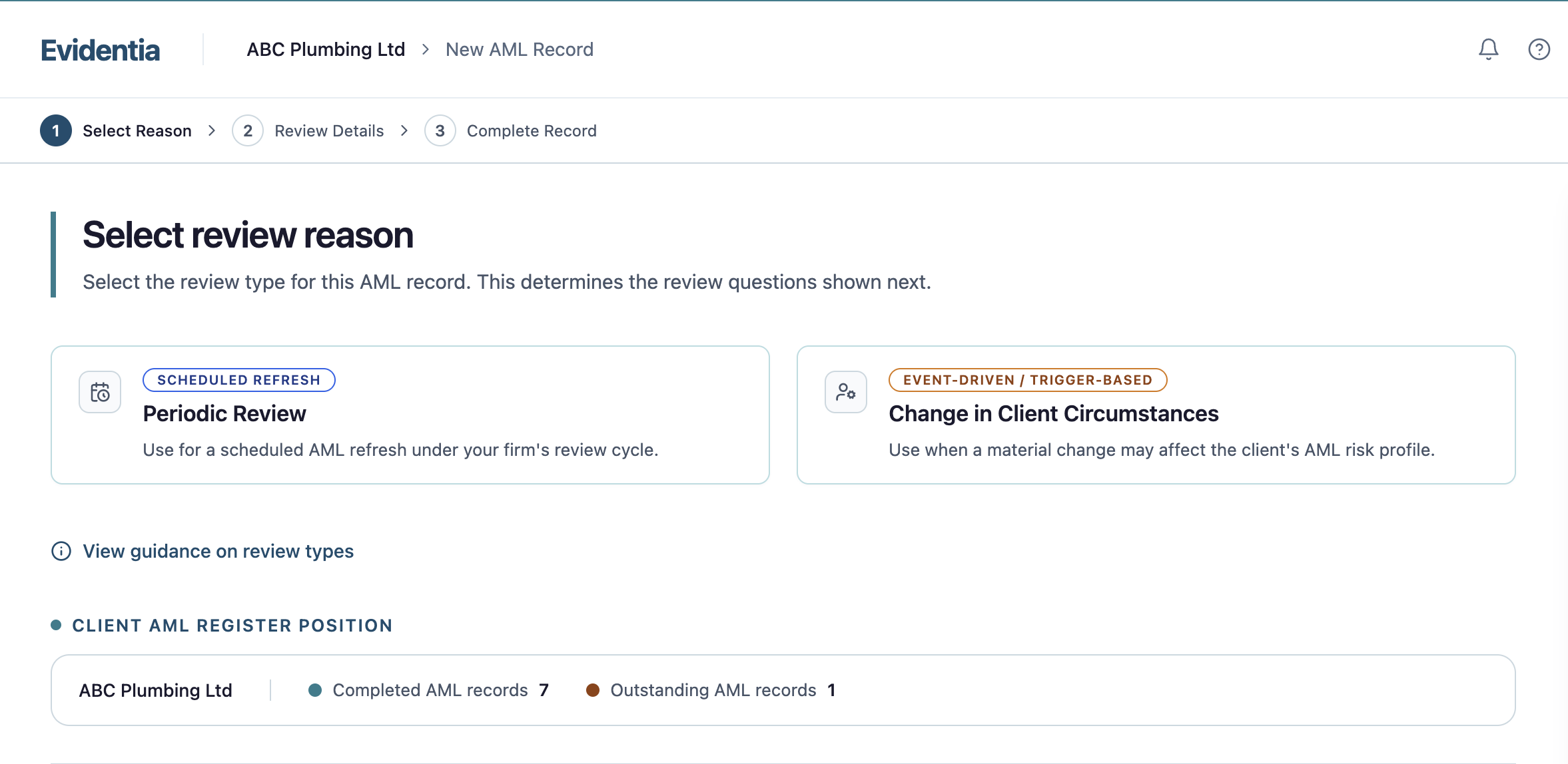 Evidentia AML review workflow interface