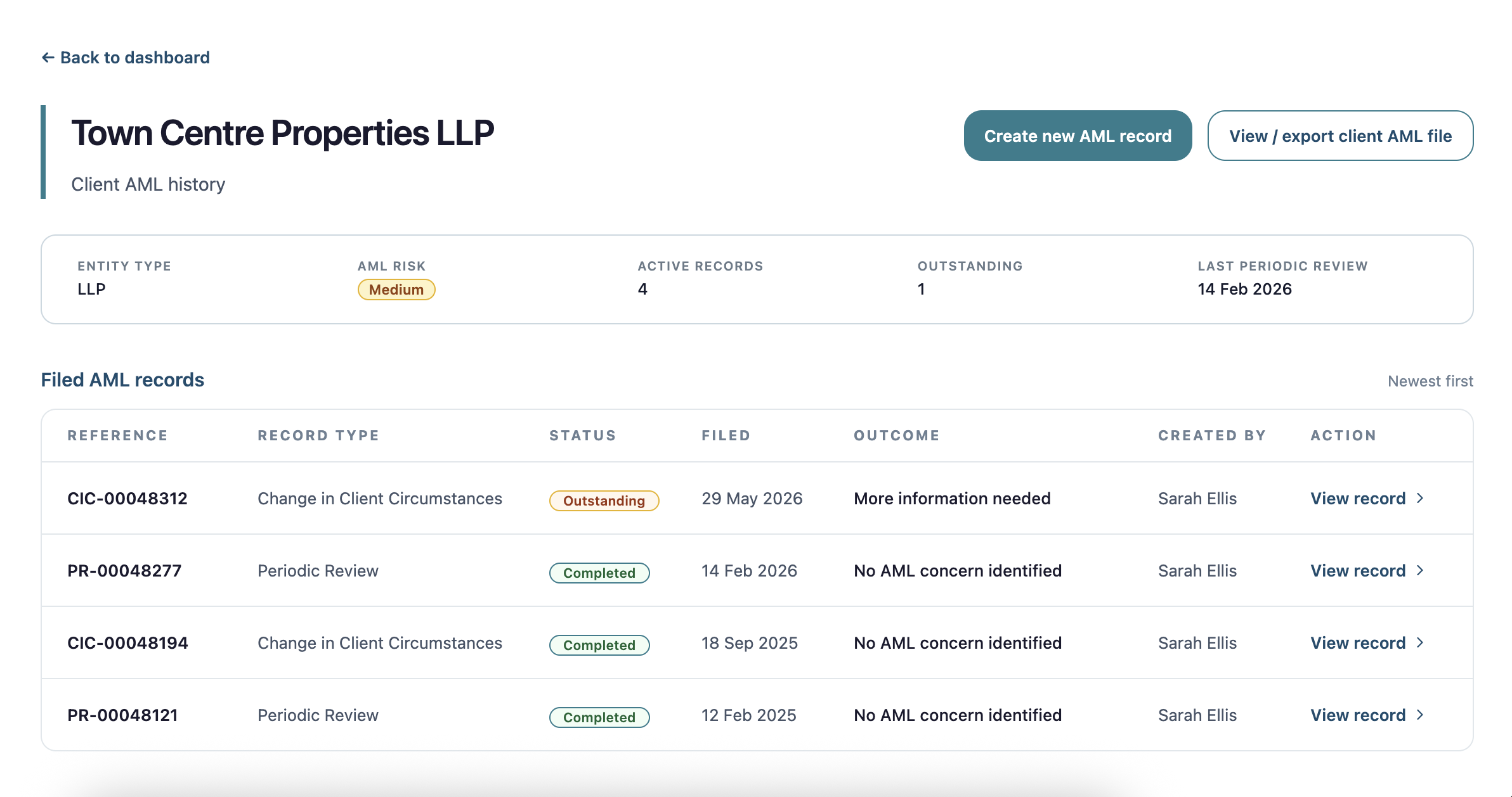 Evidentia client AML history interface showing filed AML records
