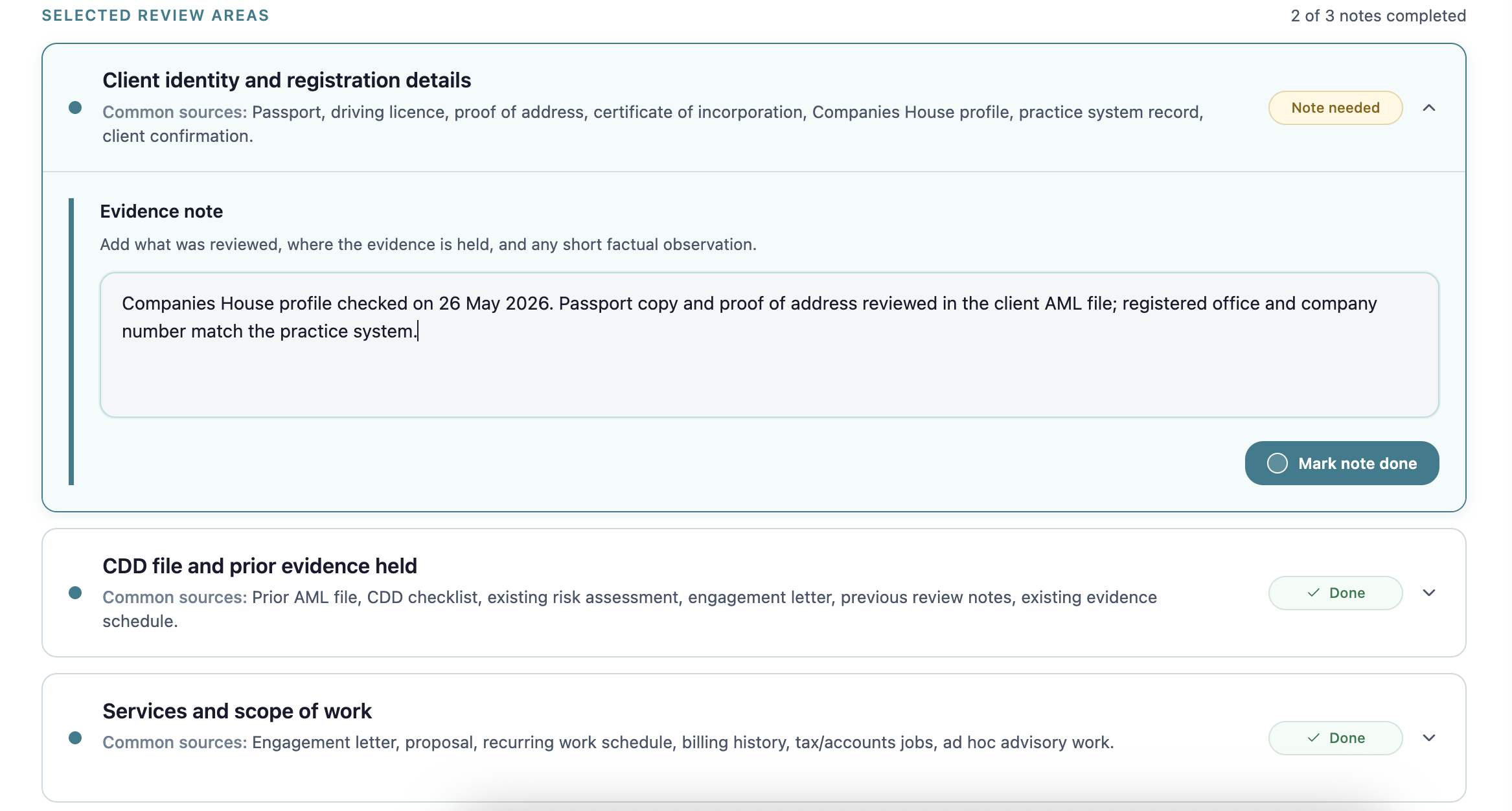 Evidentia AML evidence review interface