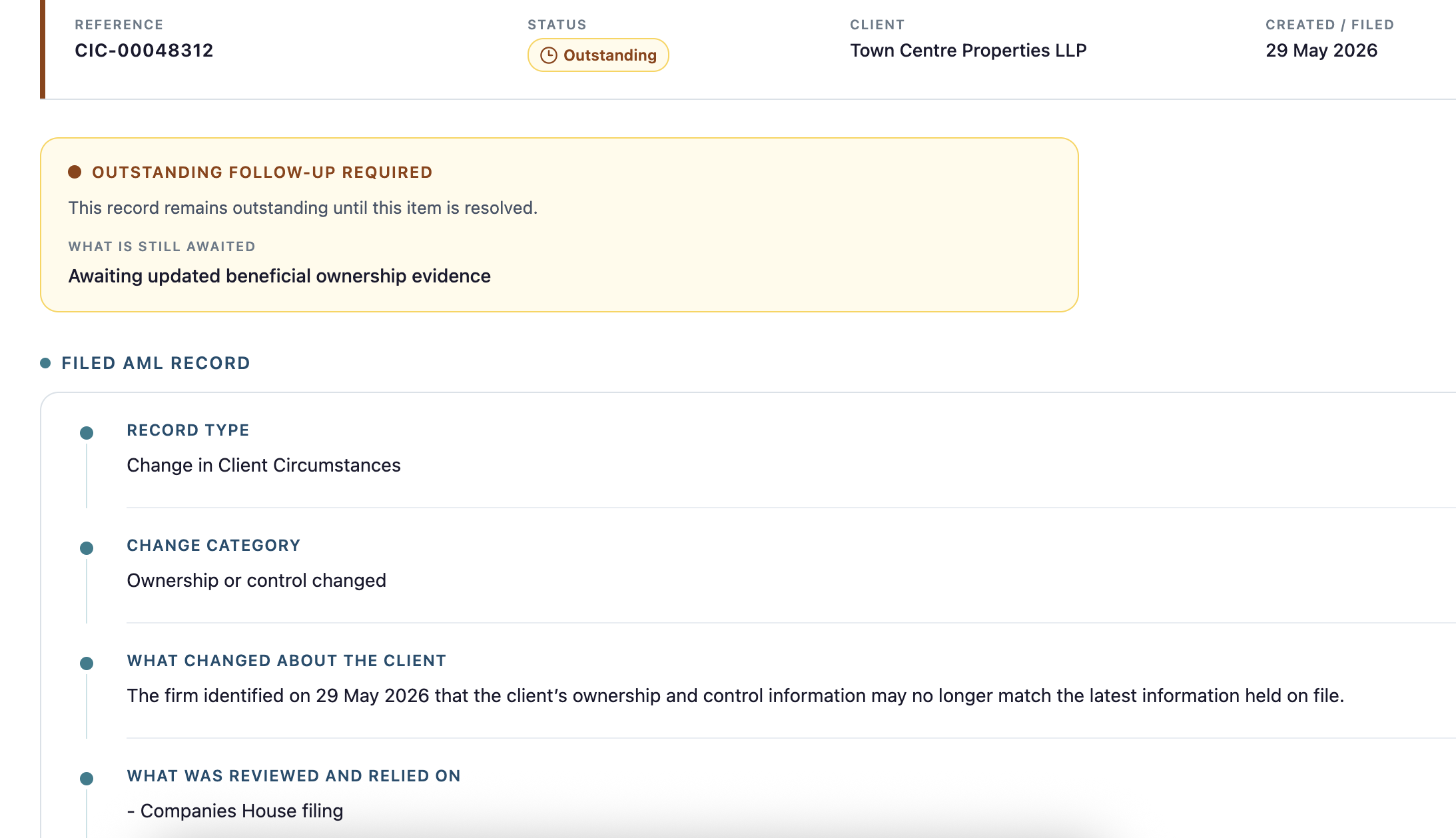 Evidentia AML follow-up control interface